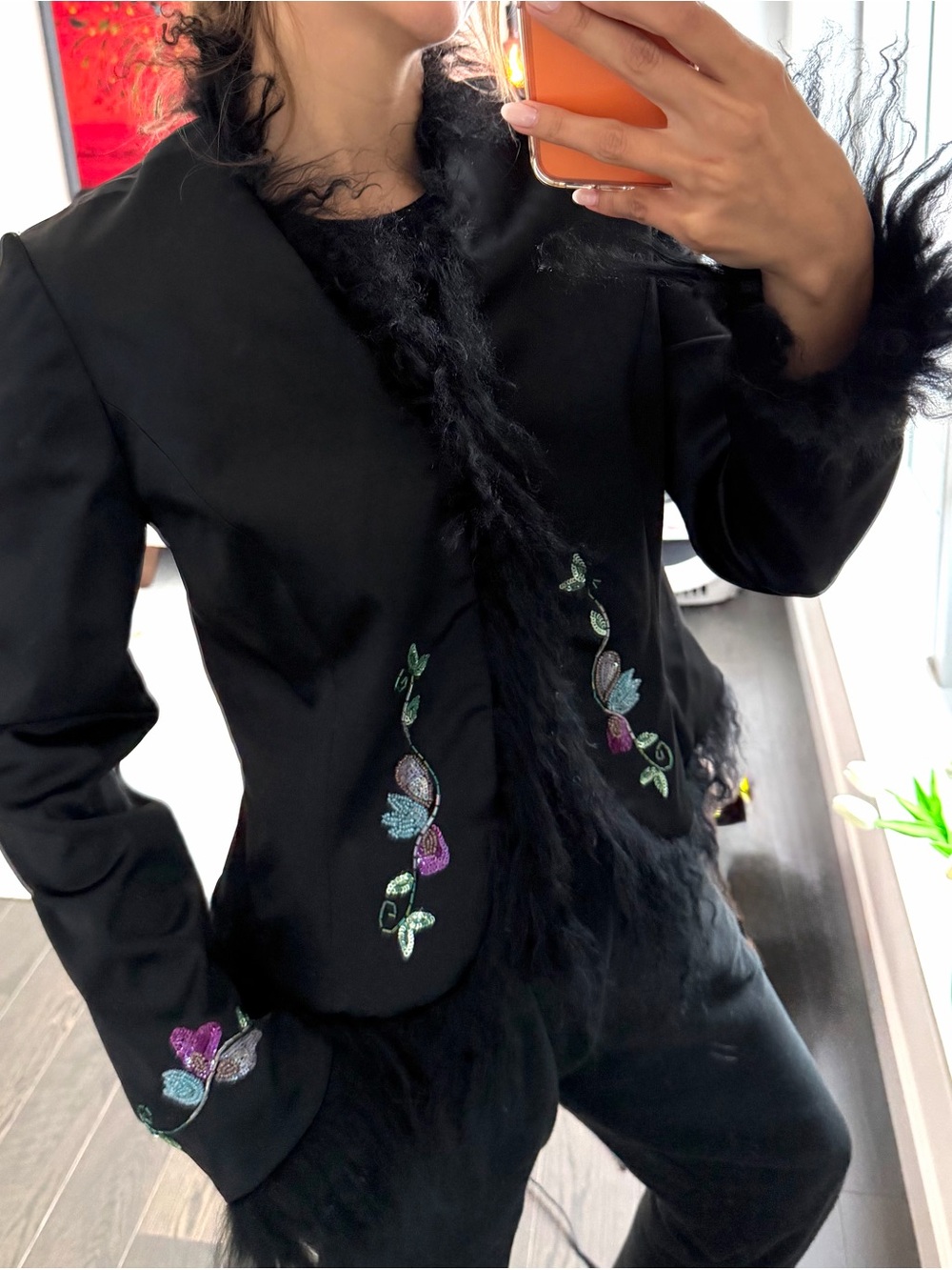 RARE Nicole Miller Collection Embroidered Satin Jacket with Mongolian Trim US 4
